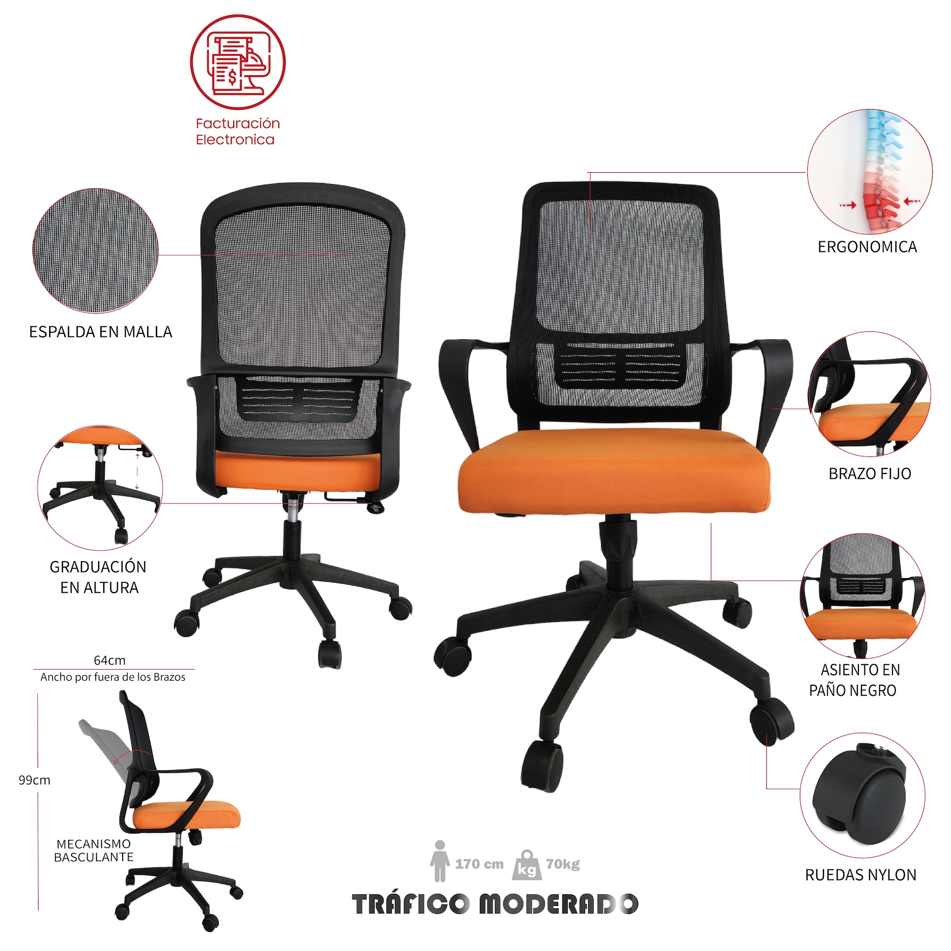 SILLA DE OFICINA SAMPUÉS GERENTE PAÑO NARANJA - Image 6